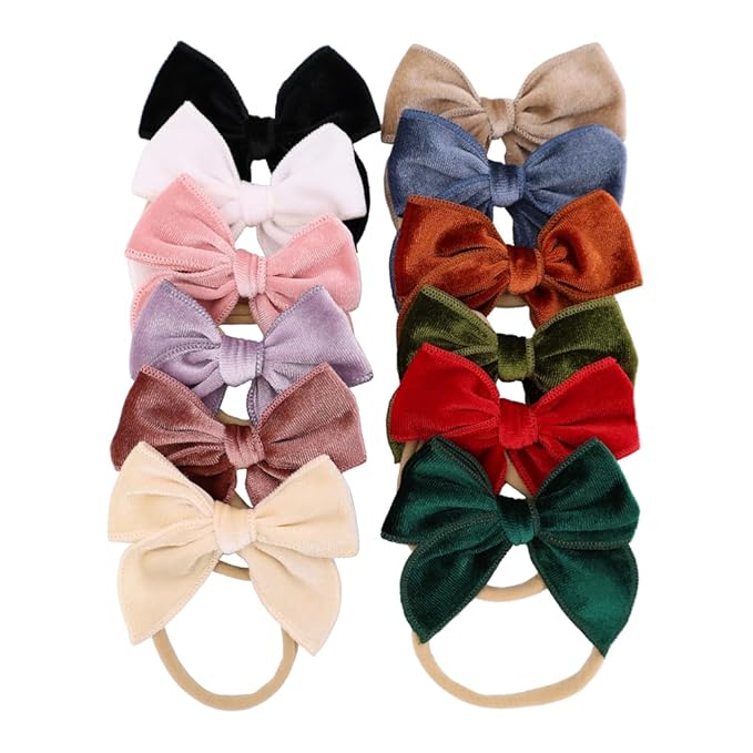 Pack of 12 Velvet Bow Headband for Newborn Baby Toddler Girl Soft Nylon Hairbands Elastic Hair Bands (Fable Bow 3 inch 12 pcs)