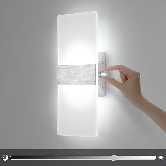 LIGHTESS Modern Wall Sconce Dimmable Switch 12W, Up Down Wall Lights Acrylic LED Wall Lamp for Hallway Bedroom Corridor, Cool White, HS621-1