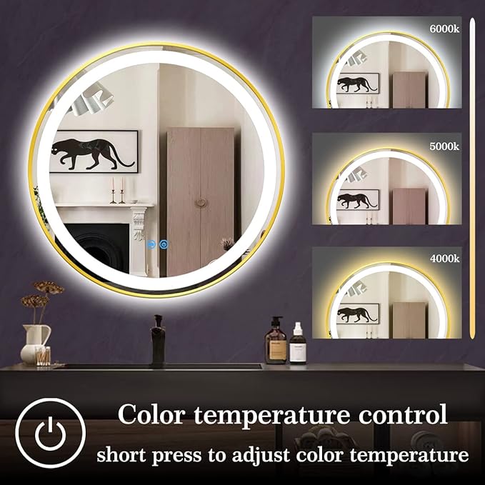 24 Inch Gold Frame LED Round Mirror with Lights Smart Memory 3 Color Dimmable Anti-Fog Gold Framed Round Lighted Mirrors for Bathroom Wall Makeup Golden Circle Round Vanity Mirror with Light