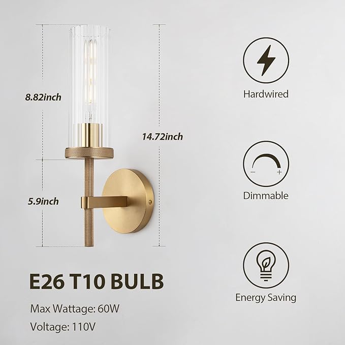 15" Knurled Brass Wall Sconce with Vertical Striped Glass Tube, Gold Bathroom Vanity Light Fixtures, Modern Lamp Lighting for Bedroom, Living Room, Hallway, Staircase, Mirror, Kitchen