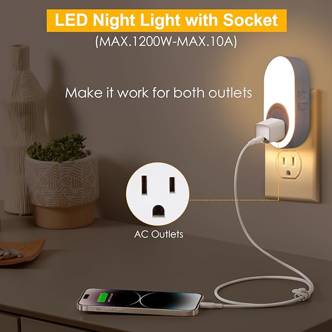 Dawnrise Night Lights Plug Into Wall,Dusk to Dawn Sensor Night Light with Power Outlet,CCT 2200K/4000K,5/20LM Adjustable Brightness for Bedroom,Kitchen,Living Room,Office (4 PK)