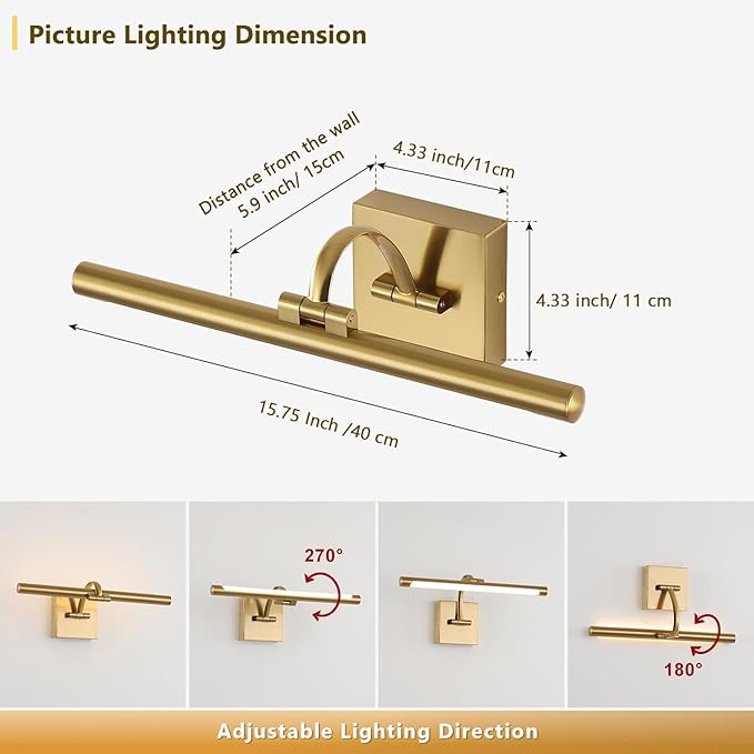 DESOOP Brass Picture Lights for Wall Hard-Wired LED Picture Lighting Dimmable Art Light Gallery Lighting for Wall Portraits Artwork 15.75 inch 7W Warm White