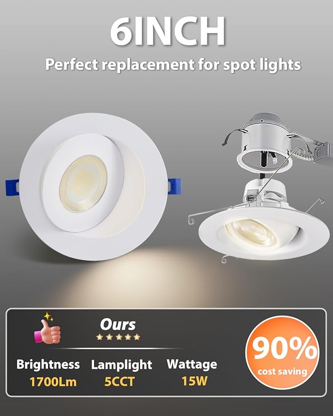 Adetu 5CCT Gimbal Led Recessed Lighting 6 inch, 360°+90° Adjustable Directional 6 inch Led Recessed Light, 2700K-5000K Dimmable Eyeball Canless Downlight with Jbox, ET (White, 6 Pack)