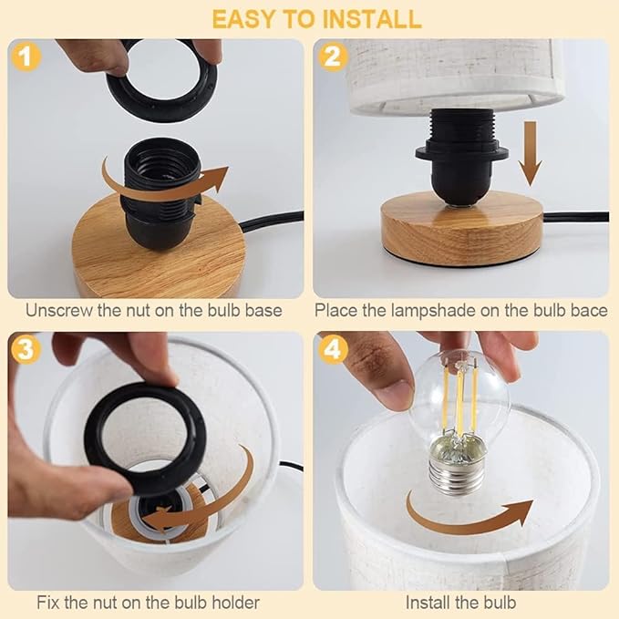 3-Color Adjustable Bedside Table Lamp for Bedroom Set of 2,Minimalist Wood Base&Round Fabric Shade,Cozy Lighting Nightstand Boho Lamp,Reading Desk Night Stand Light for Room,Office,kitchen,Nursery