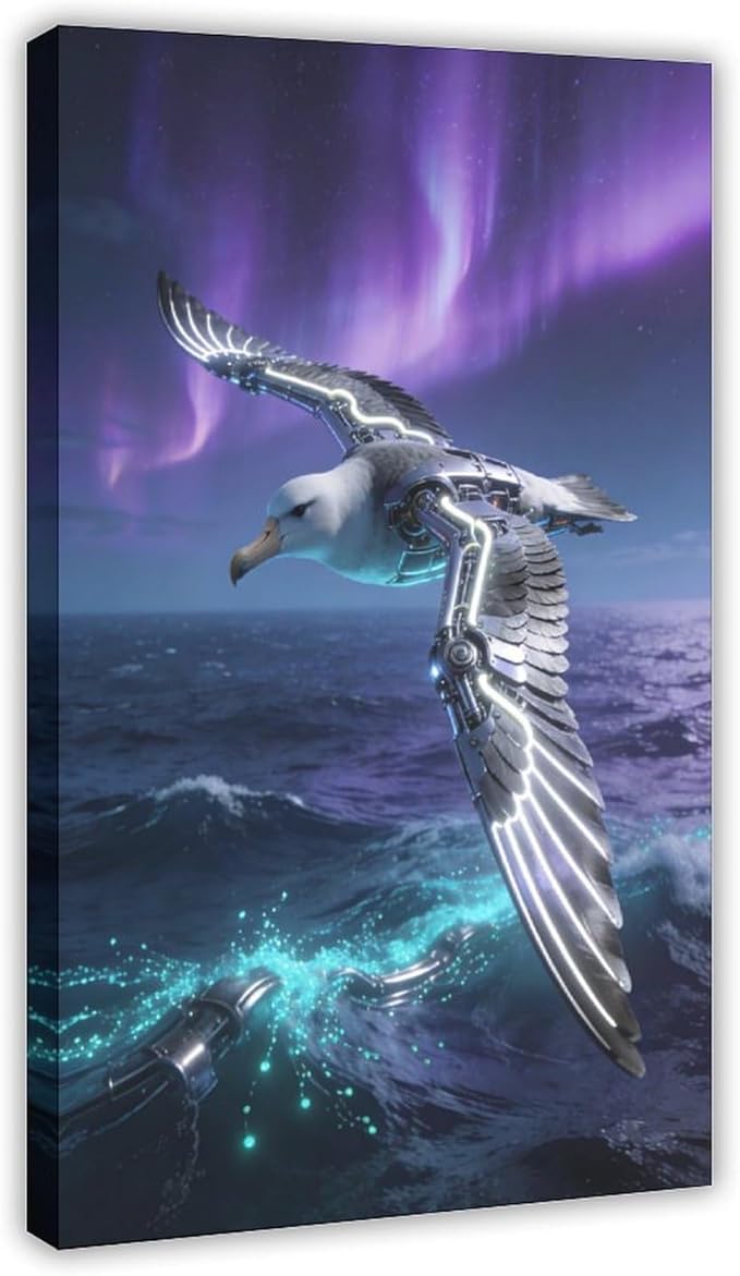 Framed Steampunk Mechanical Seagull Wall Art - Aurora Ocean Retro Poster for Bedroom Game Room Decor 20x30inch(50x75cm)