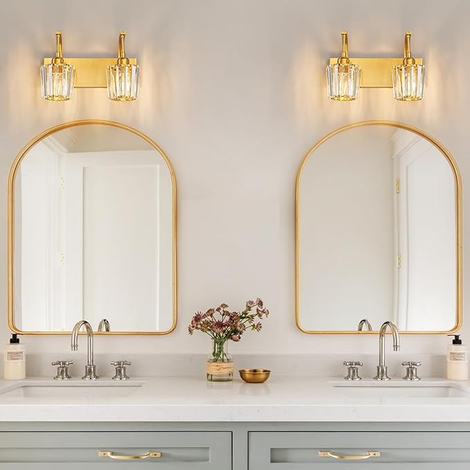 Modern Bathroom Vanity Light, 2-Light Gold Wall Sconce with Crystal Accents, Over Mirror Bathroom Lighting Fixture, 13.77" Long Dimmable Vanity Lamp for Makeup, Easy Installation