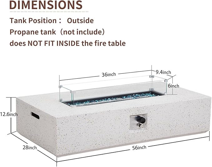 56" Propane Fire Pit Table, Rectangle Outdoor Fire Table w Glass Wind Guard(50,000 BTU), 2 Piece Patio Firepit Table Gas Fire Table w Fire Glass, Rain Cover for Outside, Backyard
