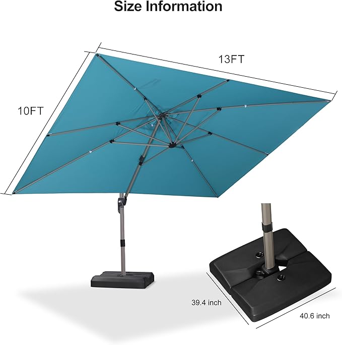 PURPLE LEAF Patio Umbrella with Base Included, 10‘×13’ Outdoor Aluminum Cantilever Umbrella with 360° Rotation, Aluminum Large Offset Umbrella for Outdoor Garden Pool, Turquoise Blue
