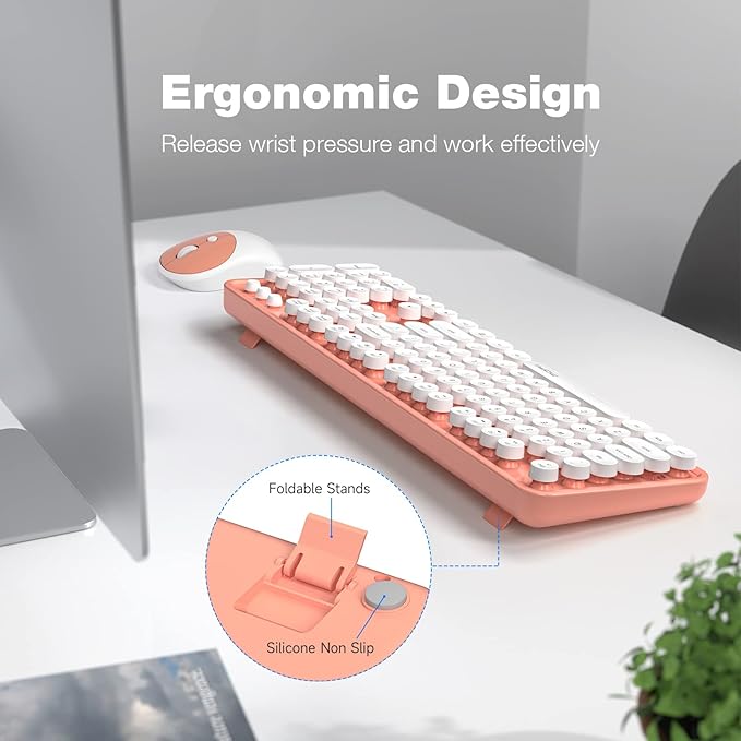 MOFII Wireless Keyboard and Mouse Combo, Computer Full Size 2.4G Plug and Play Wireless Typewriter Retro Round Keyboard and Mouse Set for Windows, Computer, Desktop, PC, Notebook - (Light Orange)