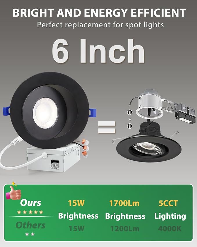 zouzai 5CCT Gimbal Led Recessed Lights, 360°+90° Adjustable Directional Recessed Lighting, 2700K-5000K Dimmable Retrofit Eyeball Can Lights with Jbox, ETL&Energy Star (Black-6 inch, 12 Pack)