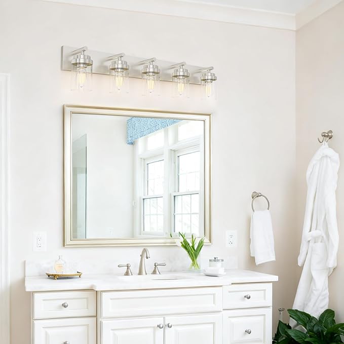IZORRO Bathroom Vanity Light Fixture, 5-Light 36 Inch Brushed Nickel Bathroom Light Fixtures Over Mirror, with Clear Glass Shade, Modern Farmhouse Vanity Lights, Rustic Restroom Lighting Fixtures