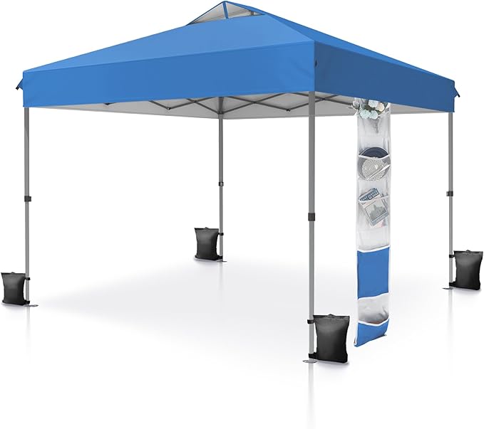 MFSTUDIO Pop Up Canopy Tent, 10x10 Outdoor Canopies One Push Setup Instant Portable Shelter Tens with Vented Top, Storage, 4 Sandbags, Beach Canopy,Blue