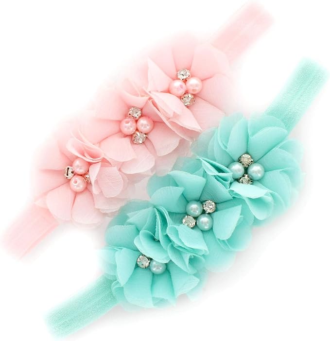 My Lello Flower Headbands Baby - Girls - Toddler Fabric Beaded Stretchy Elastic Pair