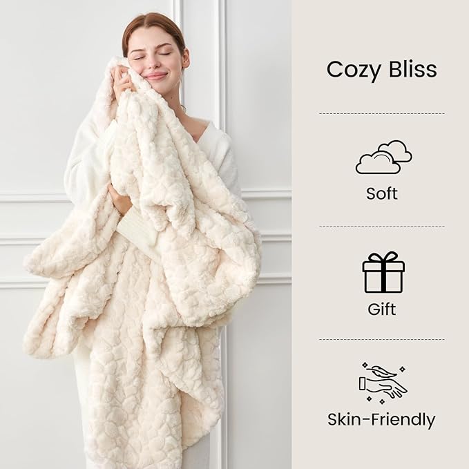 Cozy Bliss Faux Fur Throw Blanket for Couch, Fuzzy Soft Plush Thick Warm Fluffy Reversible Wave Textured Blanket for Sofa Bedroom Living Room, 55 * 70 Inches Cream White