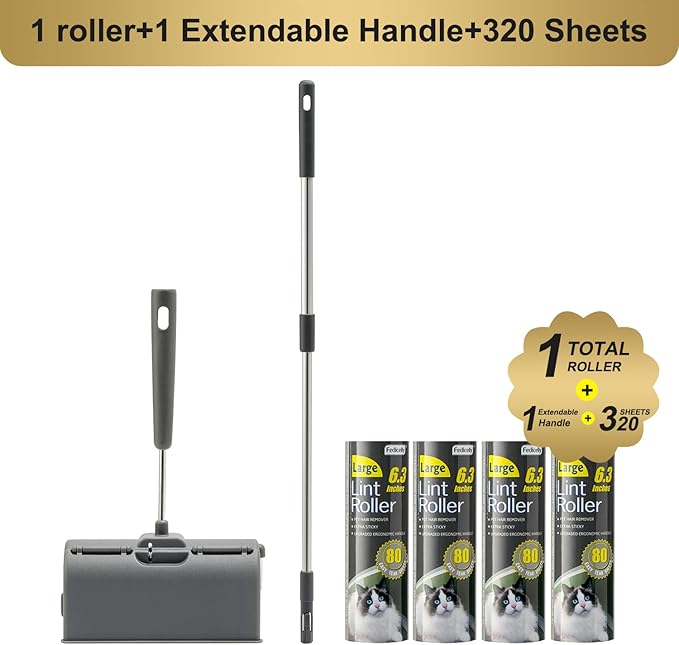 Fedicelly Lint Rollers Pet Hair Extra Sticky Floor with Long Handle,Large Cat Dog Hair Remover Laundry Clothes Carpet Furniture,6.3 inches Wider with 320 Sheets Giant Lint Remover Brush for Couch