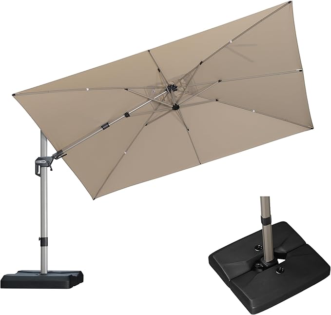 PURPLE LEAF 11.5' X 8' Left-right Tilting Patio Umbrella with Base Outdoor Swivel Cantilever Offset Aluminum Umbrella with Champagne Frame and 360-degree Rotation for Garden Deck Pool, Beige