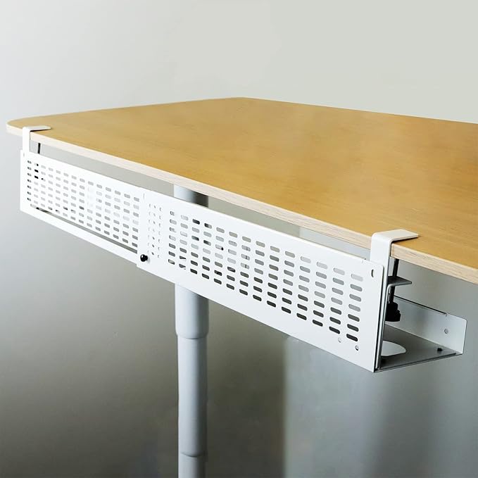 AEONS Under Desk Cable Management Tray Kit - Horizontal Adjustable up tp 41” Desk Organizer Removable C Clamp Mount Reversiable Computer Cord Raceway and Modesty Panel for Large Table, White/Beige