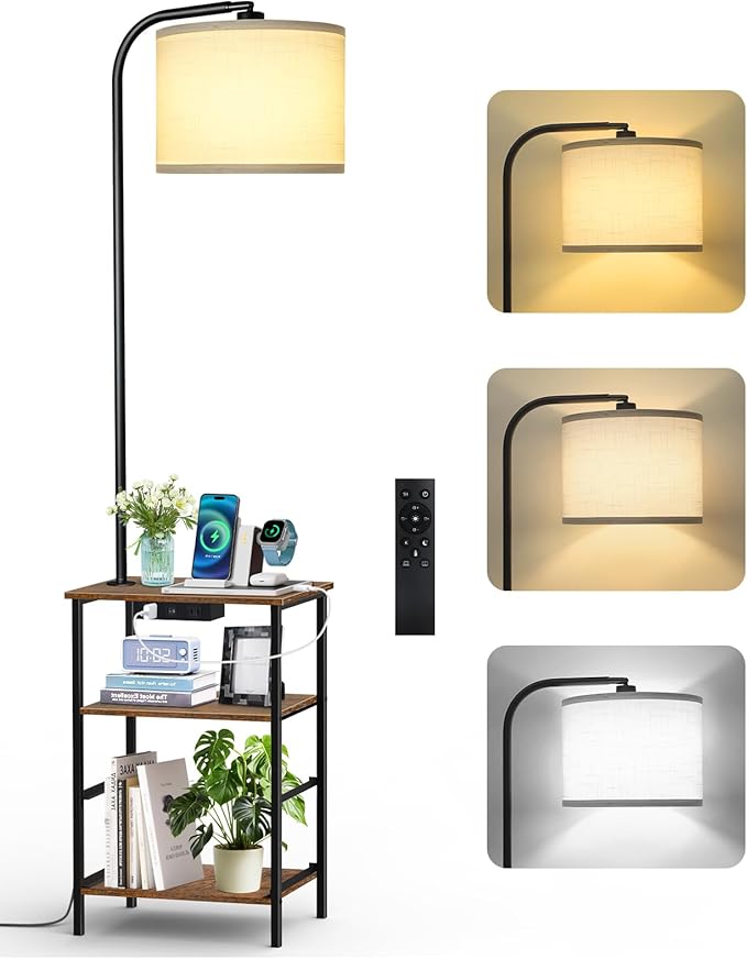 Floor Lamp with Table, 2 Drawers & Remote, Side End Table with Charging Station, Dimmable Nightstand with 3 Color Temperature, 1-Hour Timer, 12W LED Bulb, for Living Room, Bedroom