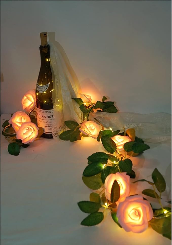 Rose Vine Lights with Remote, Battery or USB Operated Artificial Flower Garland, Hanging Fairy Lights for Bedroom Headboard, Valentine‘s Day, Wedding, Romantic Party Décor (Pink, 6.6)