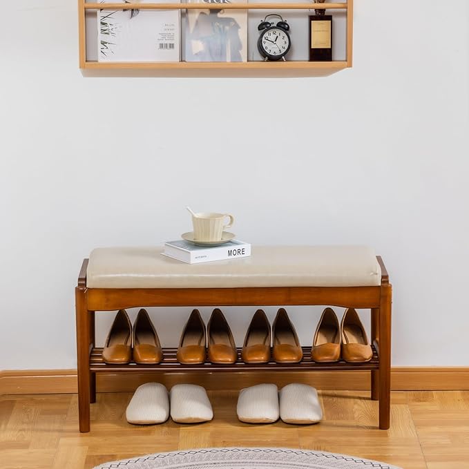 Shoe Bench, Entryway Bench, Wood 2-Tier Shoe Rack with Cushion Padded Seat Shoe Organizer (31.5",Beige)