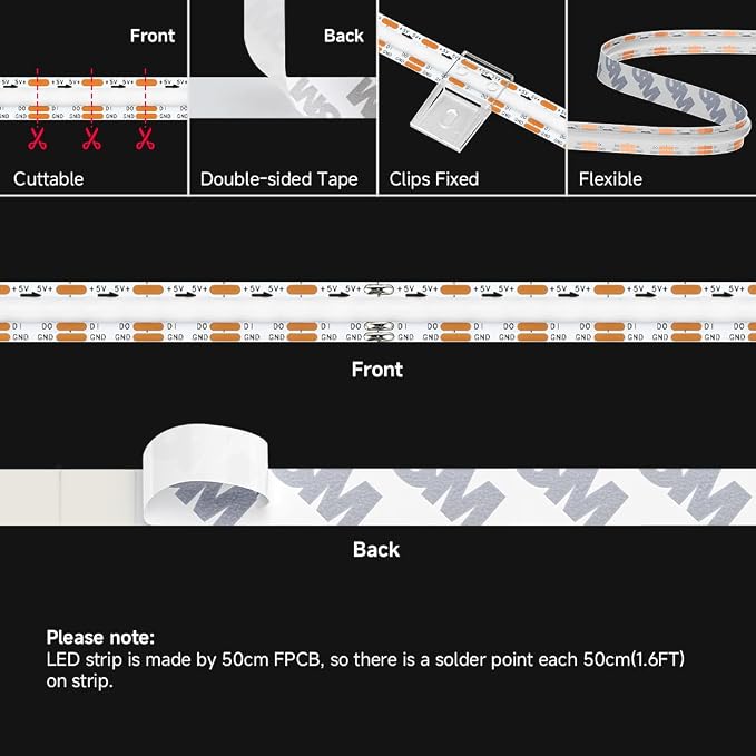 BTF-LIGHTING FCOB COB WS2812B IC RGB LED Strip DC5V 6.5FT Individual Addressable 160LED/m 320LEDs 320IC,UL Listed,Dream Color IP30 High Density Light 10mm Width for Decor(No Adapter or Controller)