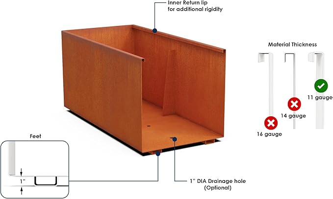 Plantercraft Large Rectangular Planters for Outdoor Plants - 72x18x36 Corten Steel Planter, Extra Large Metal Planter Box for Patio, Garden & Commercial Use - Heavy Duty, Made in USA