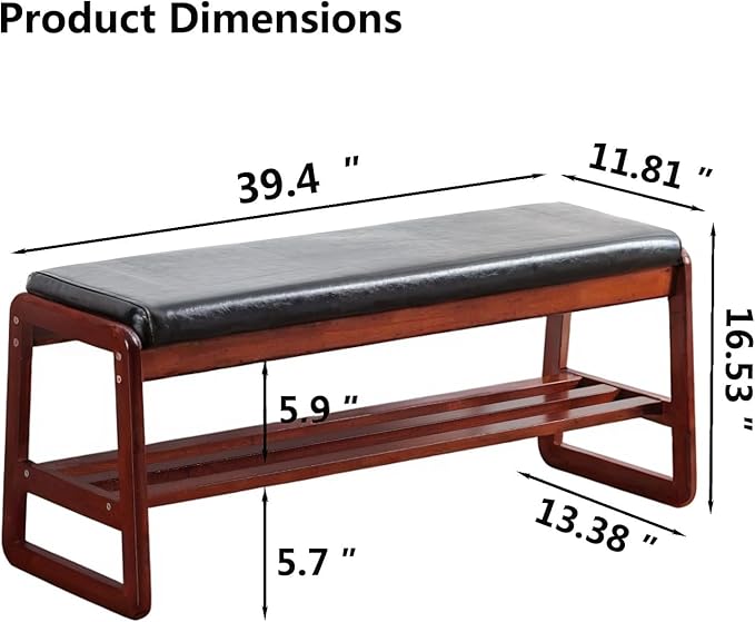 Solid Wood Shoe Bench, 2-Tier Wooden Entryway Bench, Modern Shoe Rack with Faux Leather Cushion for Hallway, Living Room (Black, 39.4'')