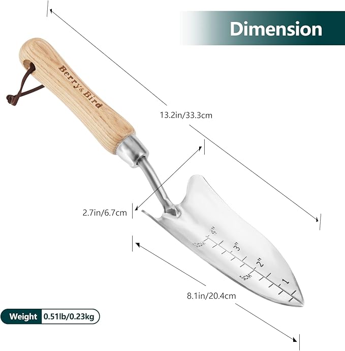 Berry&Bird Transplant Trowel with Measurements, Garden Stainless Steel Potting Hand Trowel with Wooden Handle, Small Garden Hand Shovel Transplanter Tool for Planting Digging Transplanting Gardening