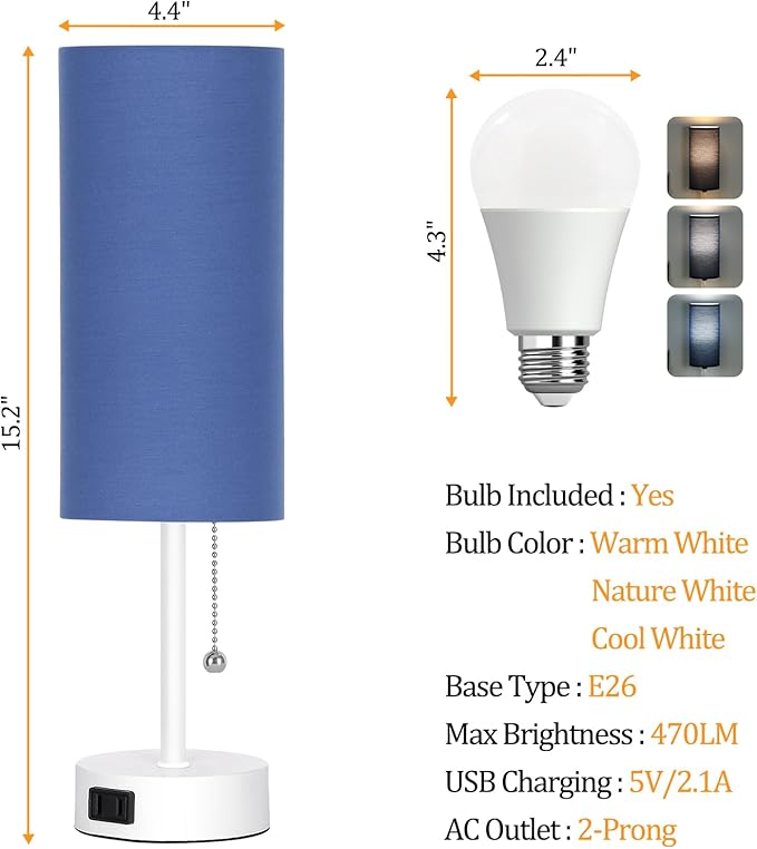 Dott Arts Table Lamp for Bedroom, 3-Color Bedside Lamps with Pull Chain, Bedroom Table Lamps for Nightstand,AC Outlet Small Lamp for Living Room, Bulb Included Blue