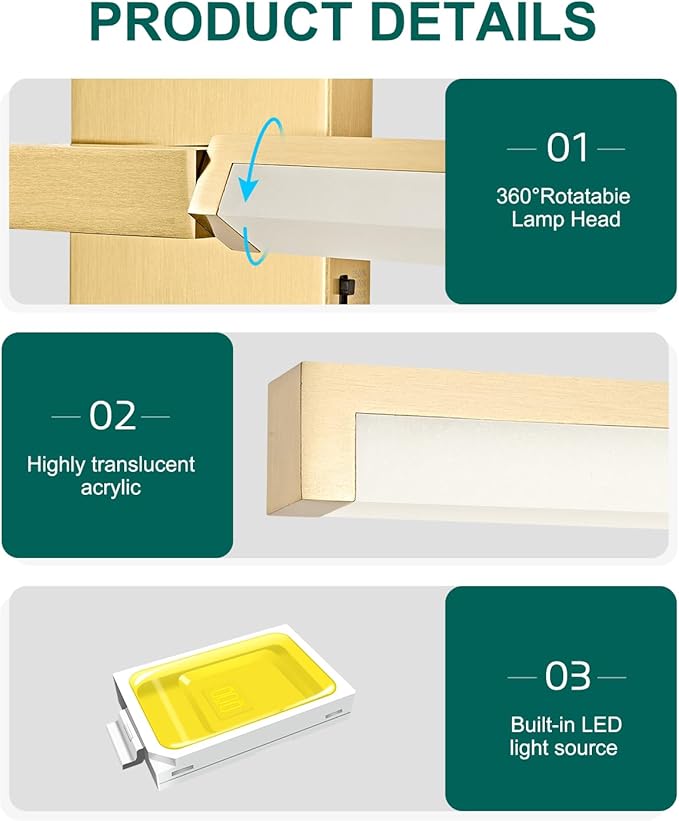 OKELI 40 Inch Bathroom Vanity Light Fixtures, Gold Modern Light Fixtures Over Mirror, 24W 5CCT Dimmable Wall Light