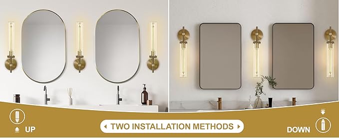 Brass Sconces Wall Lighting, 19" Tube Glass Gold Sconces, Bathroom Wall Sconces Lighting Vanity Lights Wall Lights for Living Room, Hallway, Fireplace, Staircase