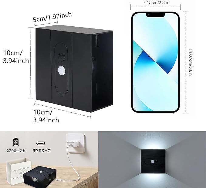 Wall Lights with Motion Sensor Indoor LED Modern Wall Lamp Brightness Adjustable Wall Sconce Recargables USB Con Batería Lighting Fixtures for Living Room Bedroom Corridor (Warm Light,Black)