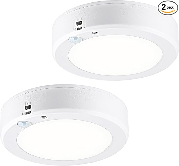 LIT-PaTH Battery Operated Motion Sensor Ceiling Light, 6.1inch 5000K Wireless Motion Light Indoor, 140 Lumens Battery Powered Cordless Lamps for Hallway Stair Laundry,2-Pack(Battery Not Included)