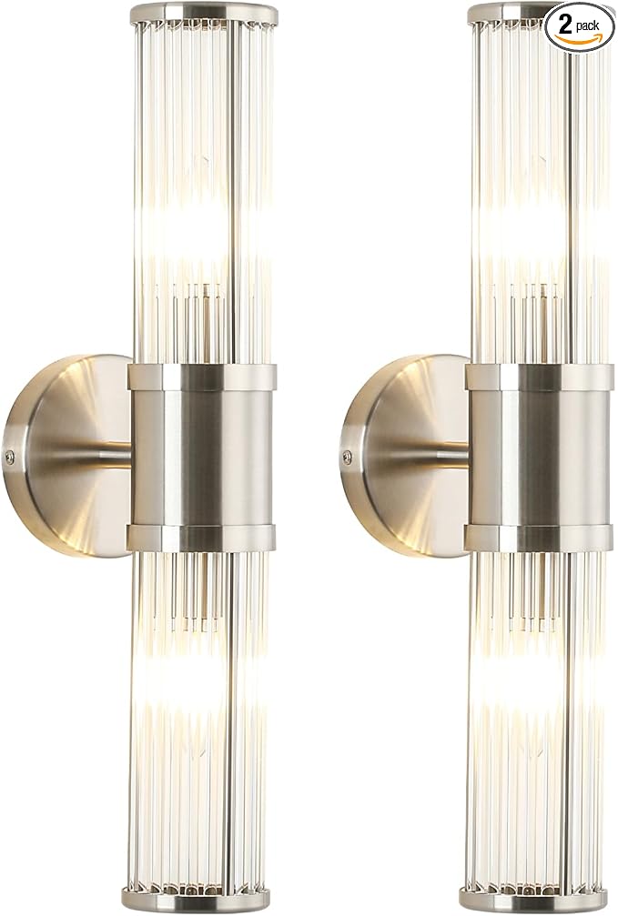Dual Sconce Vanity Set of 2, Brushed Nickel Wall Light with Clear Glass Rods Shape, Industrial Vanity Lighting for Bathroom Mirror and Modern Bedroom