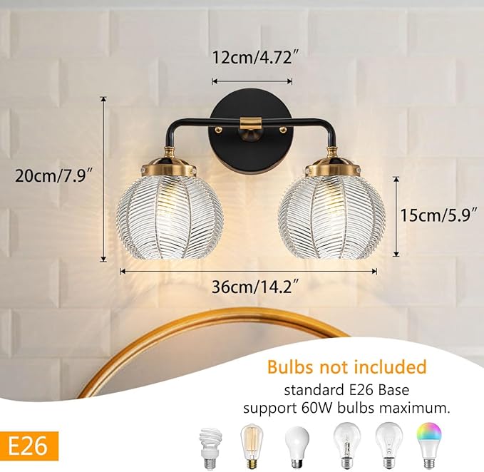 2 Light Bathroom Vanity Light Clear Glass Globe Wall Sconce Lights Black Wall Mount Light with Ribbed Glass Shade, Mid Century Modern Wall Sconce for Over Mirror Bedroom Hallway