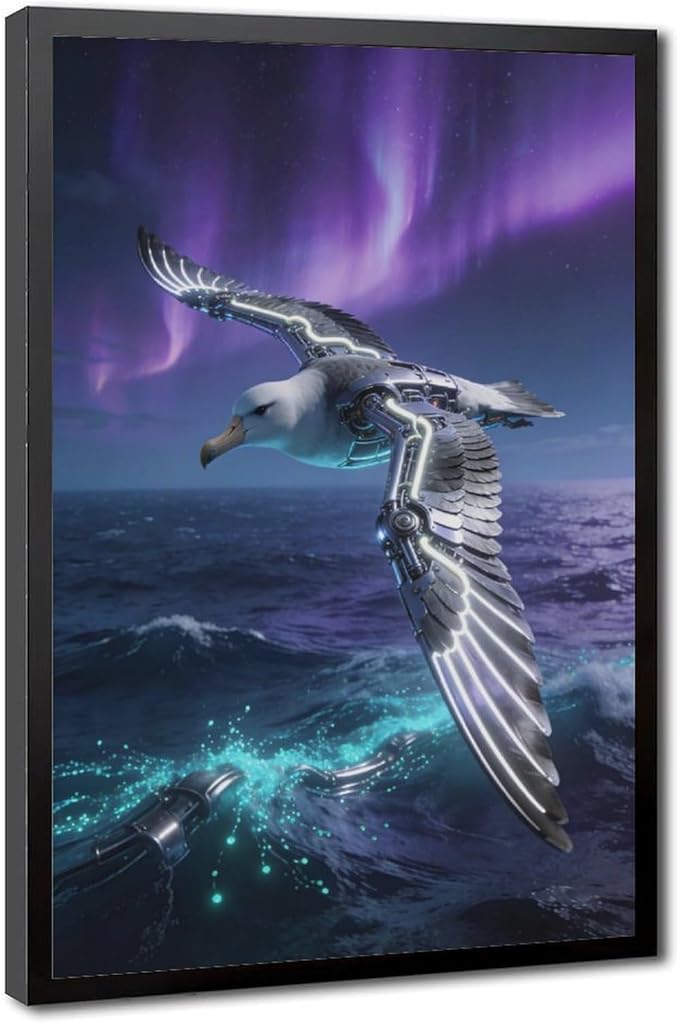 Framed Steampunk Mechanical Seagull Wall Art - Aurora Ocean Retro Poster for Bedroom Game Room Decor 12x18in