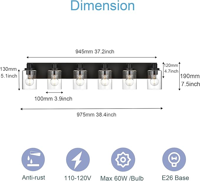 6 Light Bathroom Vanity Lights, Bathroom Lighting Fixtures over Mirror with Clear Glass Shades, Black Vanity Light For Bathoom, Modern Wall Sconces Vanity Lighting Fixture for Bathroom Hallway