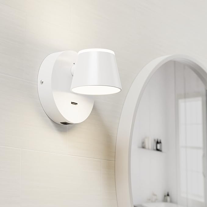 URSOLA Wall Light Set of Two, LED Wall Sconce with On/Off Switch USB Charging Port 110 Volt Hardwired Wall Lamp 350 Rotatable Up Down Sconces Wall Lighting (White)