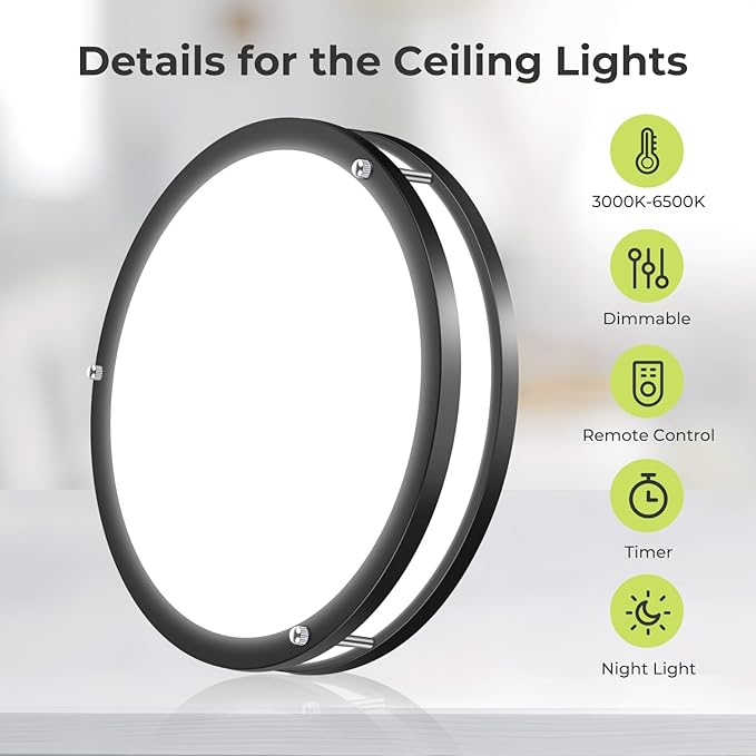hepside 2Pack Flush Mount LED Ceiling Light with Remote, Dimmable& 3000K-6500K Adjustable Ceiling Light Fixture, Timer, Night Light, 13 inch Black Ceiling Lamps for Kitchen Bathroom Bedroom Hallway
