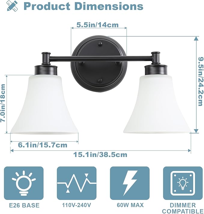LOUSACE 2 Light Bathroom Vanity Light Matte Black Bathroom Lighting Fixtures Over Mirror with Opal White Frosted Glass, Vintage Traditional Wall Lighting Fixture Vanity Lights