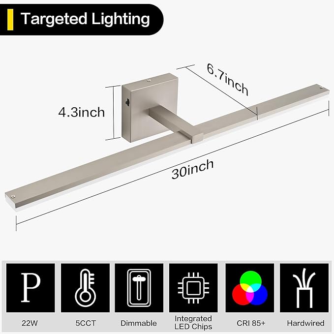 ZUZITO 30 Inch Modern Vanity Light for Bathroom Brushed Nickel Over Cabinet Arm Extra Wide LED Bar 5CCT Selectable CRI85+ ETL