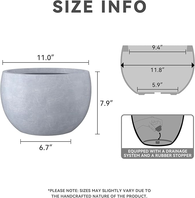 Kante 11.8" Dia Round Concrete Planter, Outdoor/Indoor Large Bowl Plant Pots with Drainage Hole and Rubber Plug for Garden Patio Balcony Home, Gray