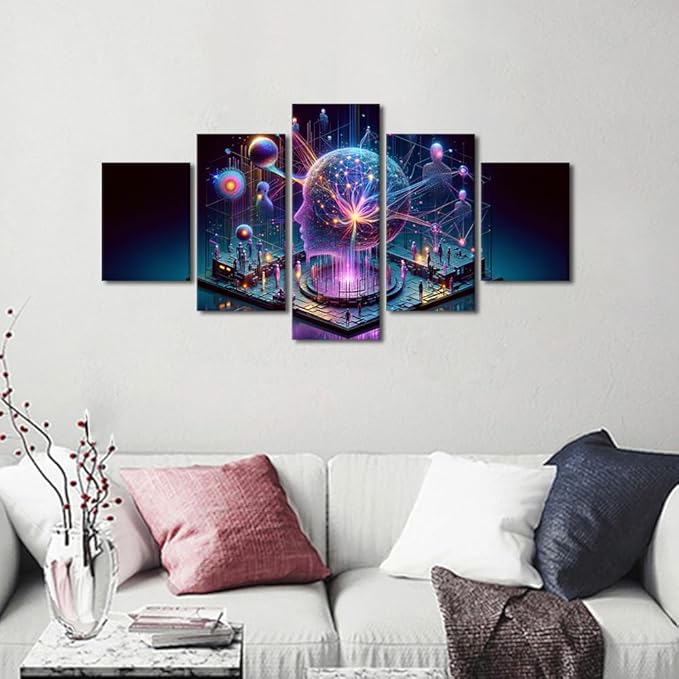 5 Panel Human Brain Artificial Intelligence Picture Wall Decor Neural Network Paintings Canvas Wall Art Framed Modern Home Decor for Living Room Posters and Prints 60" Wx32 H