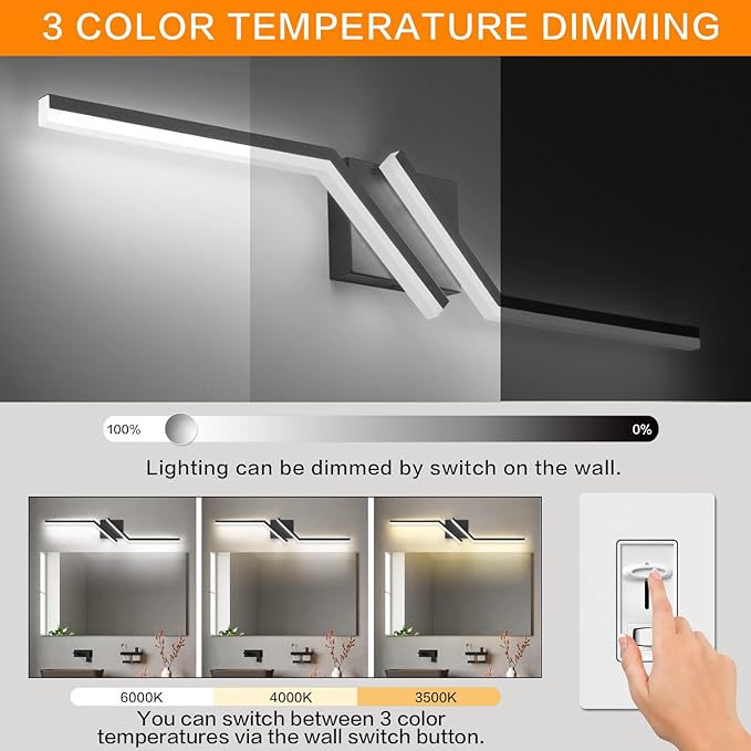 ZUZITO 32inch Black Bathroom Vanity Light Modern LED 3CCT Dimmable 24W Bathroom Lighting Fixtures Over Mirror 3000K/4500K/6000K 3 Color Adjustable