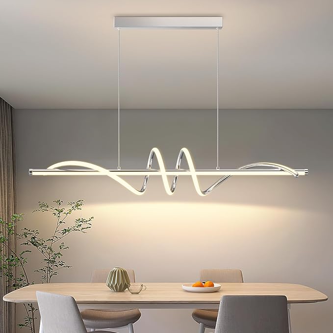Modern Pendant Light Kitchen Island 47in Dimmable Hanging Lamp 3000k-6000K Adjustable Warm/Nautral/White with Remote Control, Kitchen Island Lighting Chrome Silver