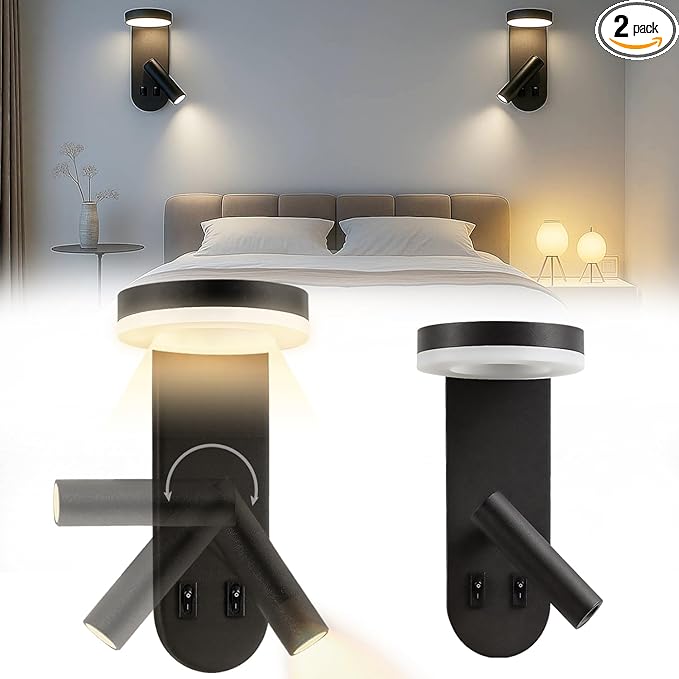 Wall Mounted Reading Lights for Bedroom - Independent Switch, 350° Adjustable Bedside Lamps Set of 2, Hardwired Installation LED Wall Sconces for Living Room, Study Room (Black, 8.65")