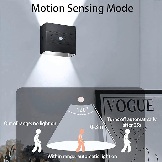 Wall Lights with Motion Sensor Indoor LED Modern Wall Lamp Brightness Adjustable Wall Sconce Recargables USB Con Batería Lighting Fixtures for Living Room Bedroom Corridor (Warm Light,Black)