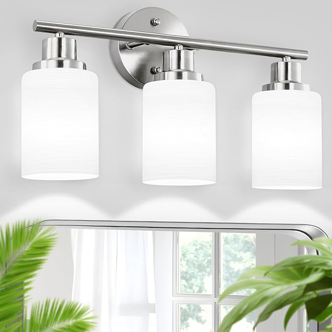 3-Light Bathroom Light Fixtures, Vanity Lights for Mirror with Textured Milky White Glass Shade, Modern Kitchen Light Fixtures Wall Sconce Light - E26 Base - Brushed Nickel