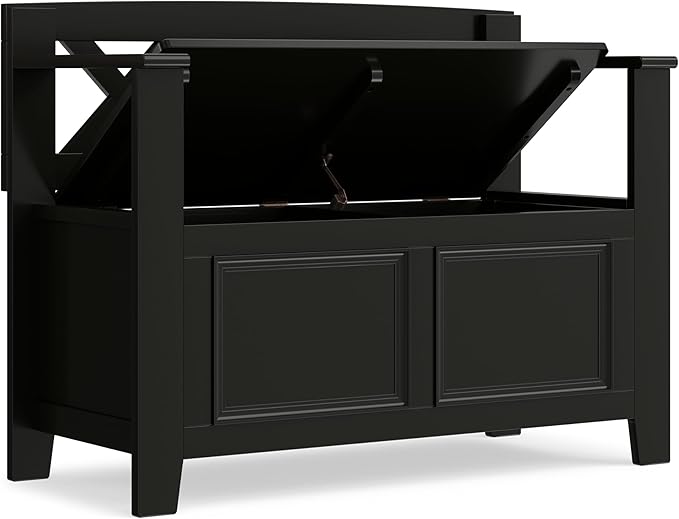 SIMPLIHOME Amherst Entryway Storage Bench - 36 inch Wide Solid Wood Hallway Bench in Black, Transitional Bench for Entry or Mudroom with Lift-Up Lid, Storage Compartments and X-Back Detail