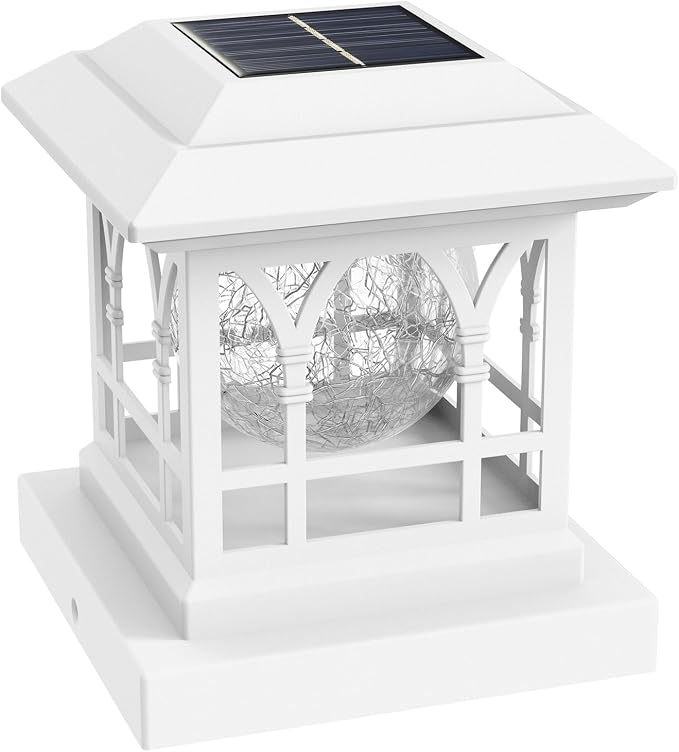 Fence Post Solar Lights, Crackle Glass Solar Post Cap Lights, 20 Lumens, Warm White & RGB Automatic Cycling 2 Modes for 3.6x3.6 4x4 4.5x4.5 5x5 Vinyl Wooden Posts Decoration, White (1 Pack)